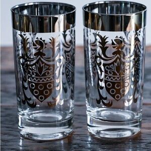 Elegant Kimiko  Silver Trimmed Glass Tumblers mid century bar ware
